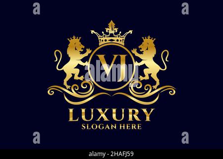 VJ Letter Lion Royal Luxury Logo-Vorlage in Vektorgrafik für luxuriöse Branding-Projekte und andere Vektorgrafik. Stock Vektor