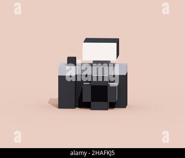 Digitalkamera, eine digitale Kunst der spiegellosen Kamera mit Taschenlampe in schwarz & weiß retro Stil isometrische Voxel Raster 3D Illustration Rendern auf braun Stockfoto