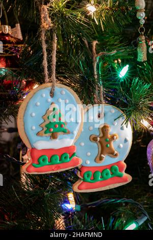 Zwei hausgemachte Schneekugel-Zuckerkekse-Ornamente hängen an einem Weihnachtsbaum. Stockfoto