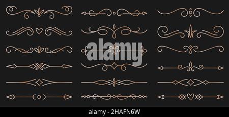 Trennwand Rand Vintage Gold Linie Set. Ornamental Luxus Locken klassische Design Element Text Rahmen Hochzeit Einladung Banner Postkarte. Reich elegante Trennfarbe Muster florieren Dekoration Vektor isoliert Stock Vektor