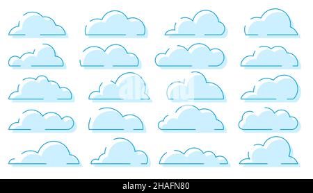 Wolkenblaue Silhouette gesetzt. Cartoon klares Wetter Symbol Spiel App Widget Website-Schnittstelle. Meteorologie Tapete Splash Element wolkenlos. Leere Form nickend Form Postkarte Buch Werbung isoliert Stock Vektor