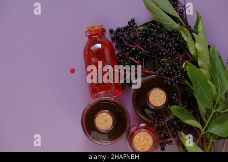 Holundersirup.Sambucus-Beeren. Roter Sirup in einer Flasche und Trauben von Holunderbeeren auf einem violetten Hintergrund.Holunderzweigen.reife schwarze Holunderbeere Stockfoto