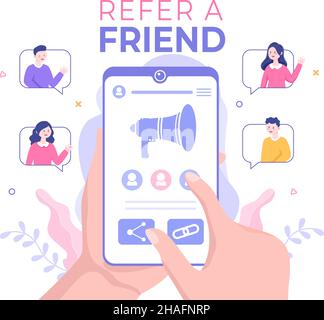 Werben Sie einen Freund Flat Design Illustration mit Megaphon auf dem Bildschirm Handy und Social Media Marketing für Freunde über Banner, Hintergrund oder Poster Stock Vektor