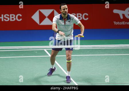 Huelva, Spanien. 12th Dez 2021. Kevin Cordon (GUA) Badminton : Kevin Cordon aus Guatemala beim 1st-Runden-Spiel der Herren gegen Joran Kweekel aus den Niederlanden auf der BWF 'TotalEnergies BWF World Championships 2021' im Palacio de Los Deportes Carolina Marin in Huelva, Spanien . Quelle: Mutsu Kawamori/AFLO/Alamy Live News Stockfoto