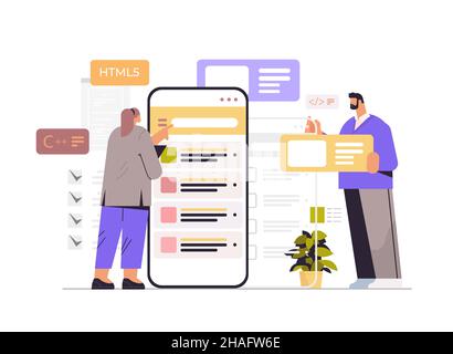 Web-Entwickler erstellen Programmcode auf Smartphone-Bildschirm Entwicklung von Software und Programmierung Stock Vektor