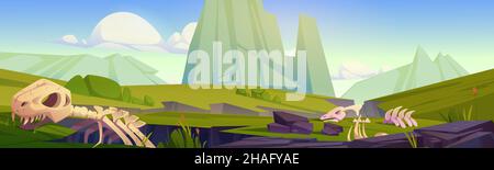 Prähistorische Landschaft, Cartoon-Landschaft Hintergrund mit Dinosaurier-Skelette liegen auf grünem Feld, Dino-Fossilien auf Gras auf Berglandschaft Blick unter blauem Himmel, Ende der Jurassic Ära, Vektor-Illustration Stock Vektor