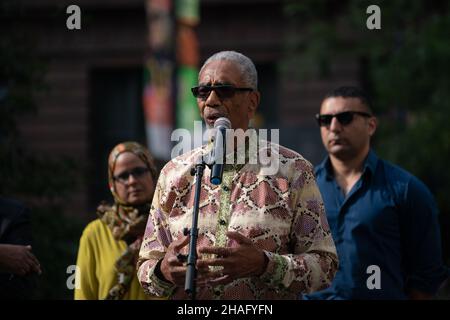 Der Repräsentant Bobby Rush spricht auf einer Pressekonferenz, die am 28. August 2019 auf dem Federal Plaza in Chicago, IL, stattfand. Stockfoto