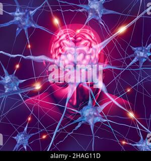 Die Neurologie des menschlichen Gehirns und die aktiven Neuronen verbinden sich als Anatomie des Nervensystems und neurologische Aktivität. Stockfoto