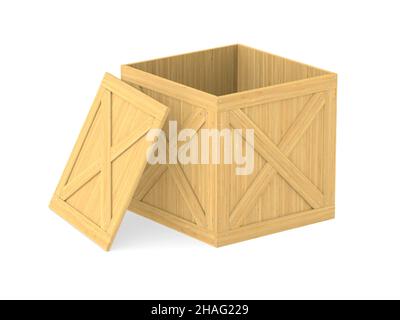 Offener Holzkasten auf weißem Hintergrund. Isolierte 3D-Abbildung Stockfoto