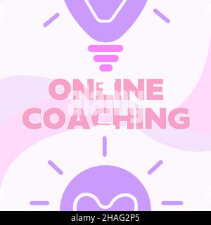 Hand schreiben Zeichen Online-Coaching. Internet-Konzept Lernen aus Online und Internet mit Hilfe eines Trainers glühende Glühbirne Zeichnung Anzeigen Stockfoto