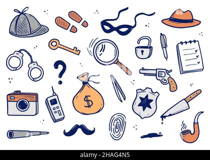 Detective Doodle Set. Handgezeichnete Skizze im Doodle-Stil. Fußabdruck, Fingerabdruck, Detektivdetektiv-Ermittlungselement. Vektorgrafik. Stock Vektor