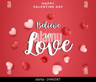 „Believe in Love“-Schriftzug mit roten und pinken Herzen-Ornamenten. Happy valentine Day-Vektor-Design Stock Vektor