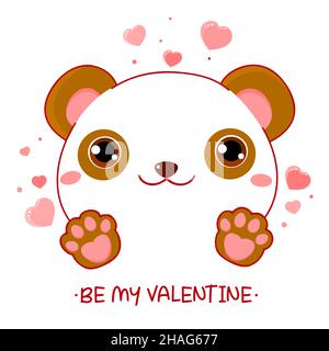 Niedliche Valentinskarte im Kawaii-Stil. Schöner kleiner Panda mit rosa Herzen. Inschrift sei mein Valentinstag. Kann für T-Shirt-Print, Aufkleber, Gruß verwendet werden Stock Vektor