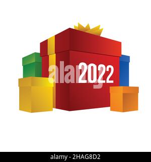 Shopping im neuen Jahr. Bunte Geschenk-Boxen mit Zahlen 2022. Stock Vektor