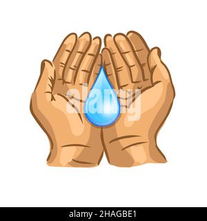 Hand schützt Wasser Stock Vektor, Hände halten einen Tropfen Wasser. Vektorgrafik Stock Vektor