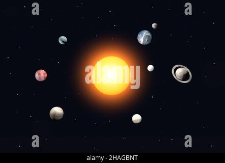 Sonnensystem der Planeten im All 3D. Sonne, Erde, Mars, Jupiter und andere Weltraumobjekte vor dem Hintergrund des schwarzen Sternenraums des Universums. Astronomie, Bildung, Wissenschaftskonzept. Hochwertige 3D-Illustration Stockfoto