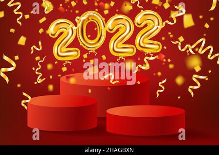 2022 Goldfolie Luftballons Zahlen, rote Bühne, Podium. 3D realistische Szene goldener Ballon, Sockel, fallendes Konfetti. Vektor-Vorlage Banner Weihnachten Stock Vektor