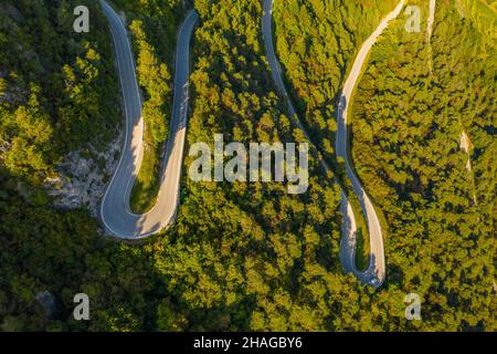 Luftaufnahme der Straße (SP53), die sich durch den Wald oberhalb der Stadt Preore in der Region Trentino in Italien schlängelt Stockfoto