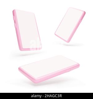 Smartphone-Modell. Anderer Blickwinkel zum Mobiltelefon. 3D rosa Schablone Handy mit transparentem Schatten. Vektorgrafik Stock Vektor