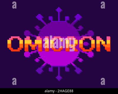 Omicron-Pixeltext auf Viruszellen-Hintergrund im 80s-Bit-Stil für 90s und 8 Videospiele. Design für Banner, Werbeartikel und Drucke. Vektorgrafiken Stock Vektor