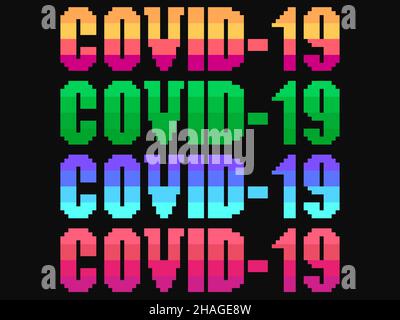 Covid 2019 Pixel Art Text in 80s und 90s Videospiel 8-Bit-Stil. Mehrfarbiger Text. Design für Banner, Werbeartikel und Drucke. Vektorgrafik Stock Vektor