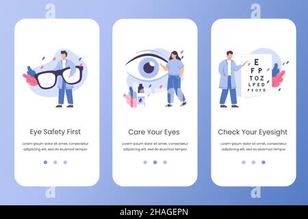 Flacher Augenarzt Arzt Augenlicht prüfen. Augentest, Sehkorrektur und Augenpflege mit Tropfen und Brillen. Vorlage für die Ophthalmologie-Vektor-Website. Landing Page Design für mobile Anwendungen. Stock Vektor