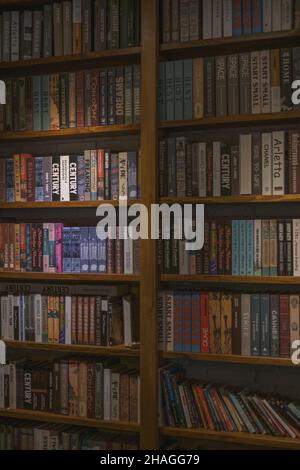 Holzregale mit Büchern im Café. Vintage-Stil in einem Café. Bibliothek. Hochwertige Fotos Stockfoto