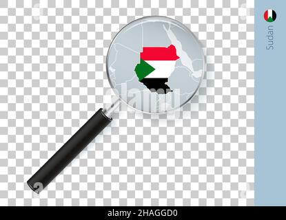 Sudan-Karte mit Flagge in Lupe auf transparentem Hintergrund. Vektorlupe mit Karte. Stock Vektor