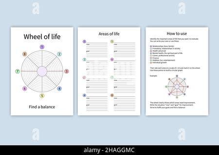 Rad des Lebens. Druckbare Vektorvorlage. Coaching-Tool auf weißem Hintergrund. Life-Balance-Konzept. Geeignet für Tagesplaner, Notizbuch. Stock Vektor