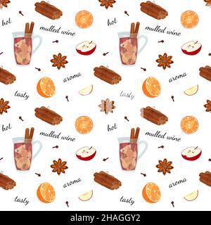 Glühweinmuster. Nahtloser weißer Hintergrund mit Zutaten für Getränke. Vektorgrafik. Stock Vektor