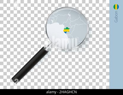 Gabun-Karte mit Flagge in Lupe auf transparentem Hintergrund. Vektorlupe mit Karte. Stock Vektor
