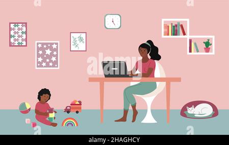 Mutter arbeitet zu Hause mit einem Laptop. Baby Kleinkind spielt mit Spielzeug auf dem Boden. afroamerikanische Frau, die aus der Ferne arbeitet und am Tisch sitzt. Katze schläft. Stock Vektor