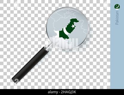 Pakistan-Karte mit Flagge in Lupe auf transparentem Hintergrund. Vektorlupe mit Karte. Stock Vektor