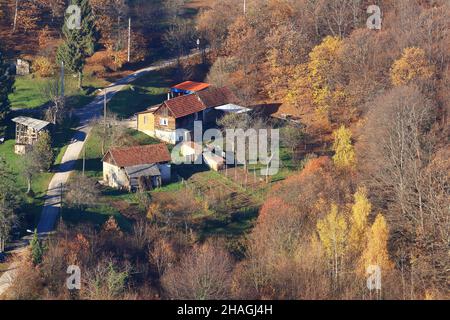 Haus im bunten Herbstwald Stockfoto