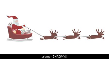 Der Weihnachtsmann mit Geschenkschachteln fährt in einem Schlitten im Geschirr auf dem Rentier. Vektordarstellung auf weißem Hintergrund isoliert Stock Vektor