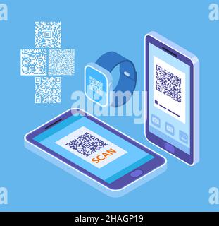 Persönlicher QR-Code. Codes auf Smartphone und Smartwatch. Isometric Self Digital Identification Gadgets. Verschiedene Barcodes, Mobiltelefone und Uhrenvektoren Stock Vektor