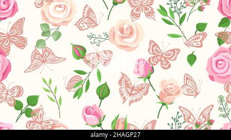 Blumen und Schmetterlinge. Rosen, Schmetterlingsbilder. Gartentapete mit Blumenmuster. Romantischer Girly-Geschenkpapier- oder Textildruck. Modepflanzen Stock Vektor