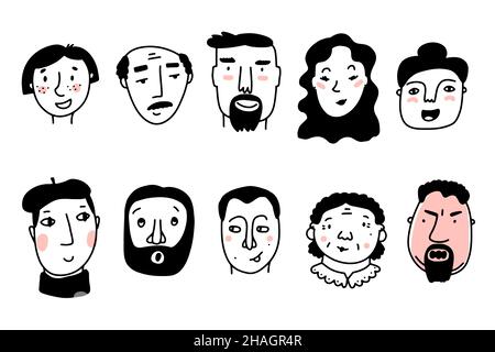 Doodle niedliche Gesichter gesetzt. Handgezeichnete Linie Menschen mit rosa Wangen isoliert auf weißem Hintergrund. Human Avatar Collection. Cartoon jung, alt anders wom Stock Vektor