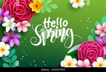 Frühling Blumen Vektor Hintergrund Design. Hallo Frühling Grußtext im Grünen mit Kamelie, Lilienblume und Blättern für die saisonale Blüte. Stock Vektor