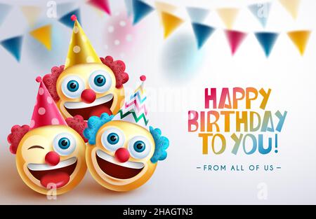 Geburtstag Clowns Vektor Hintergrund Design. Happy Birthday Grußtext mit Smileys Clown-Charakter in lustigen und lächelnden Gesichtern zum Spaß und Genießen. Stock Vektor