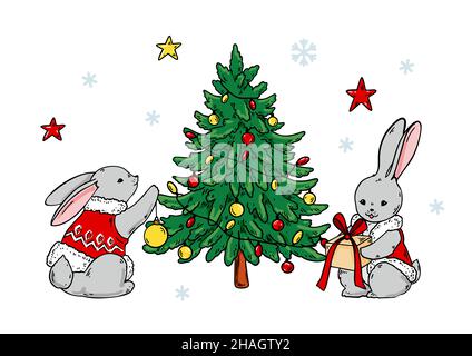 Horizontale frohe Weihnachten und ein glückliches neues Jahr Grußkarte mit niedlichen Kaninchen und Weihnachtsbaum. Handgezeichnete Vektorgrafik Stock Vektor