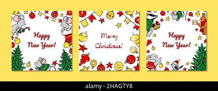 Set von bunten Frohe Weihnachten und Happy New Year Grußkarten mit niedlichen Tieren und Weihnachtsbäumen. Handgezeichnete Vektorgrafik Stock Vektor