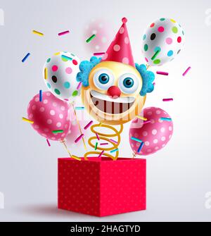 Jack in der Box Geburtstag Vektor-Design. Smiley Clown Spielzeug in der Box mit Luftballons Muster und Frühling Überraschung Elemente für den Geburtstag Emoji Geschenk. Stock Vektor