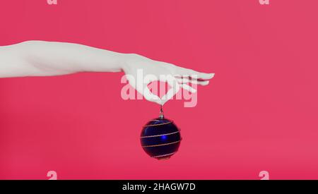 3D Darstellung der Hand einer Frau, die einen weihnachtsball hält. Stockfoto