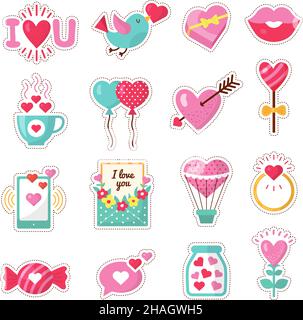 Love Sticker. Romantische Embleme valentinstag Symbole Herz Rose Umschlag Blumen Getränke Hochzeit Ikonen neuen Vektor stilisierte Sammlung Stock Vektor