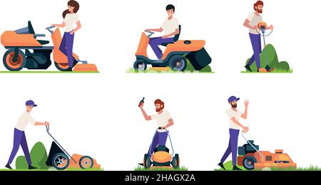 Pflege von grünem Gras. Charaktere Gärtner arbeiten mit Rasen Mähmaschinen Traktoren im Garten grellen Vektor Cartoon Hintergrund Stock Vektor
