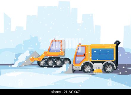Stadt mit Schneereinigung. Gepflügt Schnee Schneesturm städtischen Dienstleistungen Spezialfahrzeug auf Straßen Tracks mit Pflug grellen Vektor Cartoon Hintergrund Stock Vektor