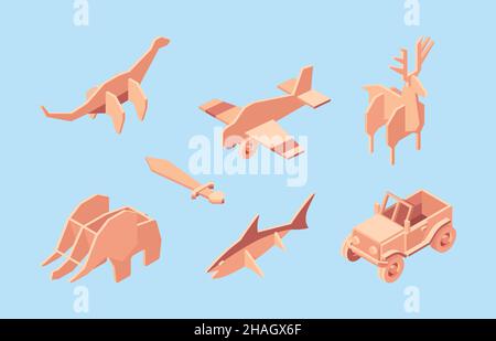 Spielzeug aus Pappe. Schachteln für Kinder Vergnügen lustige Heimspiele Spielzeug Verpackung Behälter grellen Vektor isometrische Illustrationen Stock Vektor