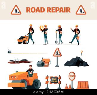 Straßenbauer. Wartungsmaschine und Support-Instrument Werkzeuge für die Reparatur Straße grellen Vektor-Bilder eingestellt Stock Vektor