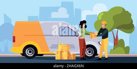 Städtischer Lieferungshintergrund. Logistik Transport Firma Cargo Service Post-Mail-Lieferung LKW auf der Karte grellen Vektor-Konzept Illustrationen Stock Vektor